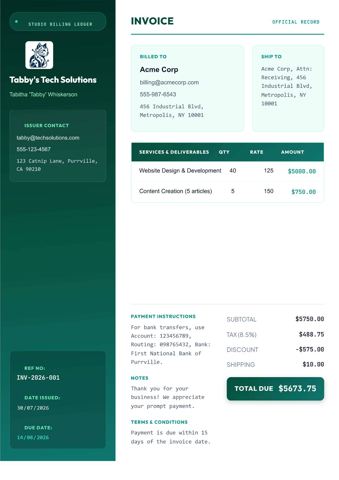 Showreel Production invoice template preview
