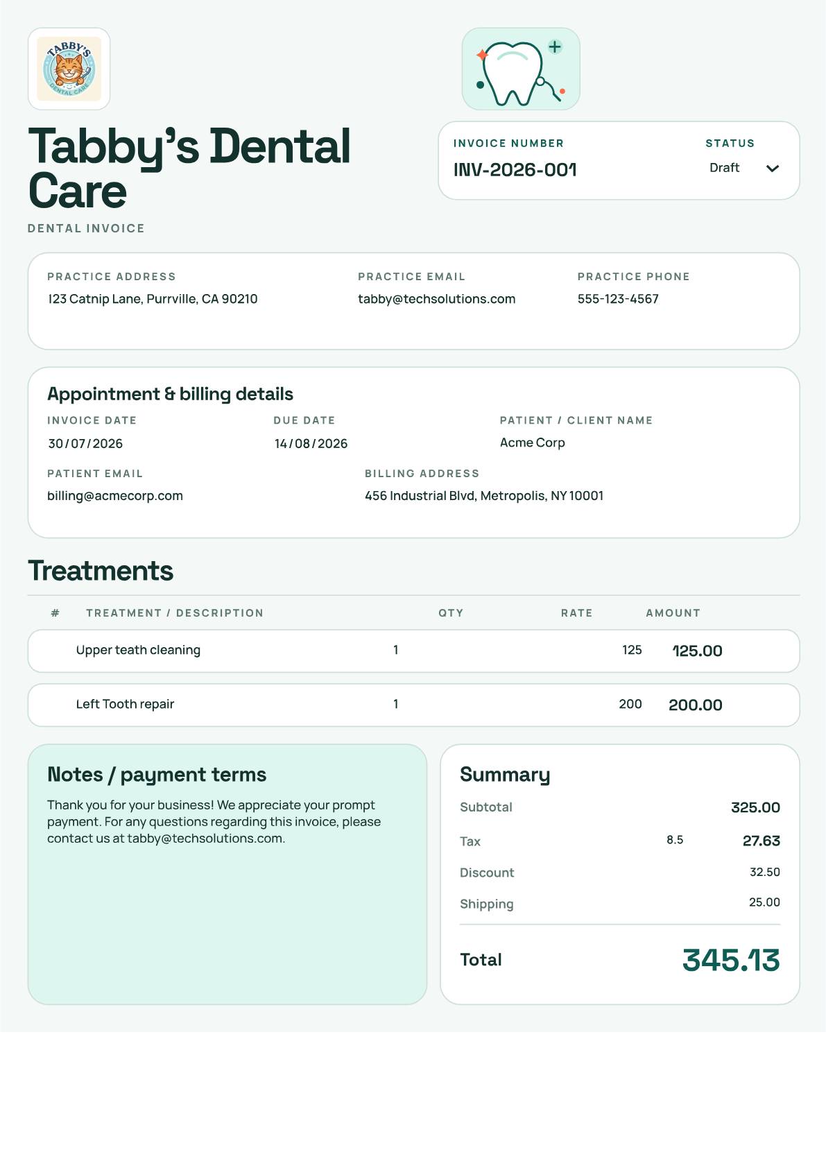 Molar Modern Dental invoice template preview