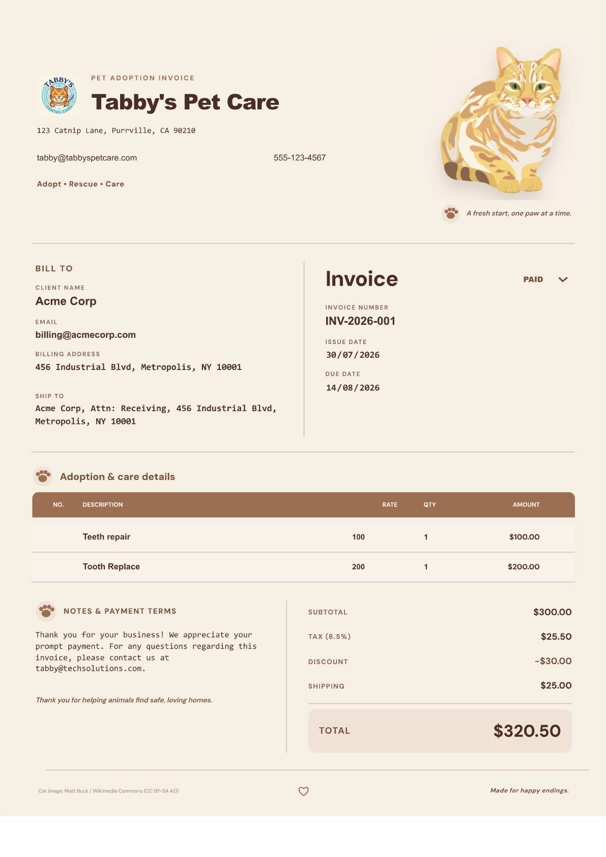Happy Tails Pet Adoption invoice template preview