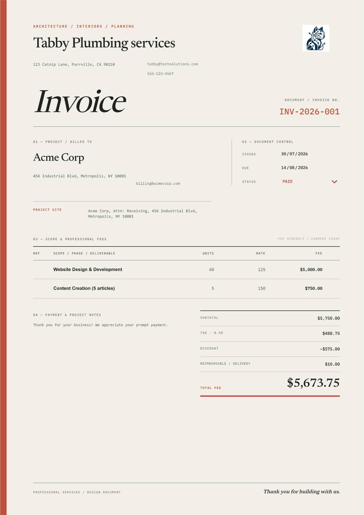 Architecture & Interior Design invoice template preview