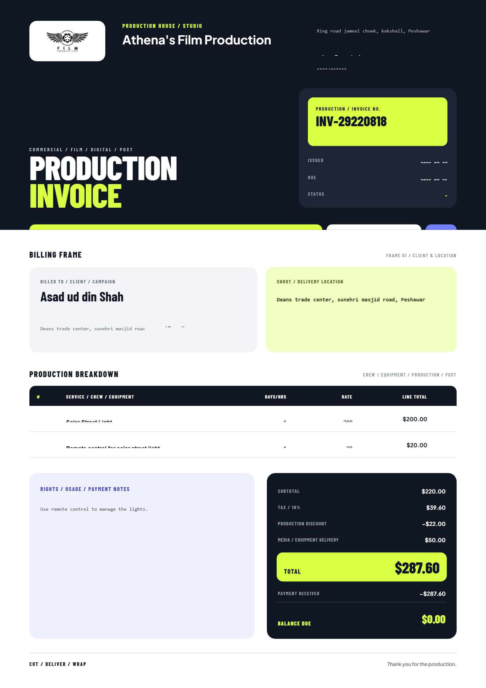 Film & Video Production invoice template preview