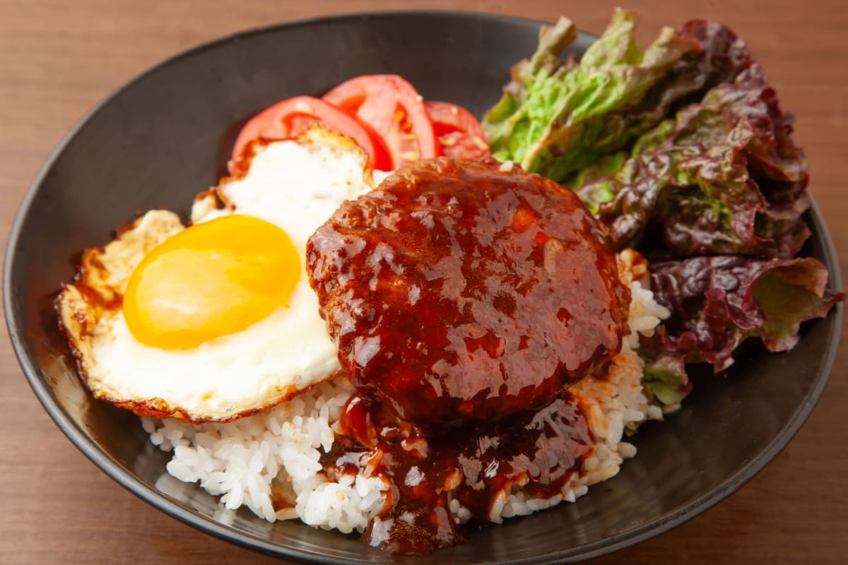Loco moco — rice topped with a hamburger patty, a fried egg and brown gravy