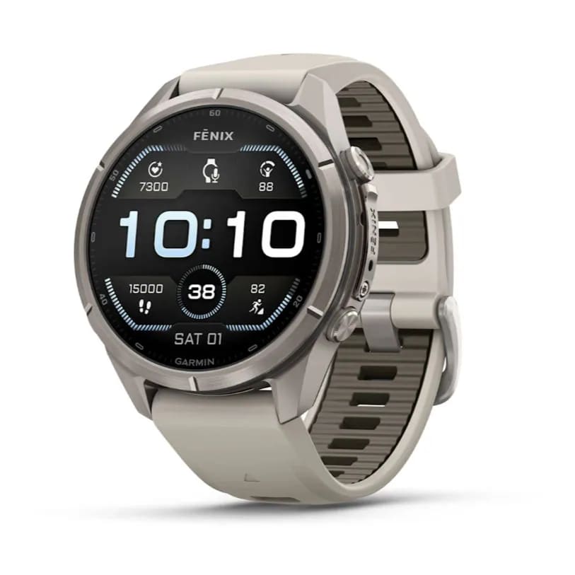Garmin Fenix 9 PRO, 43 мм, AMOLED, Sapphire Titanium with Fog Gray/Dark Sandstone Silicone Band