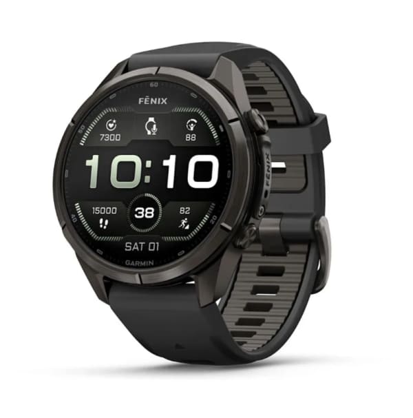 Garmin Fenix 9 PRO, 43 мм, AMOLED, Sapphire Carbon Gray DLC Titanium with Black/Pebble Gray Silicone Band