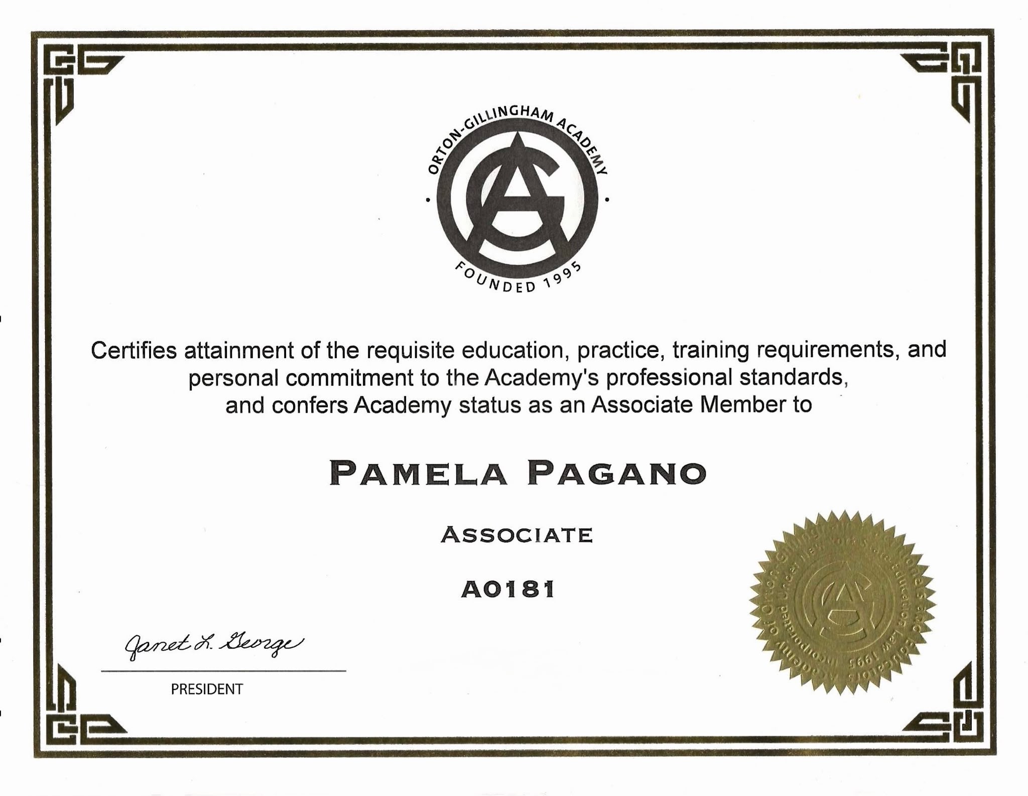 Pamela Pagano Certificate