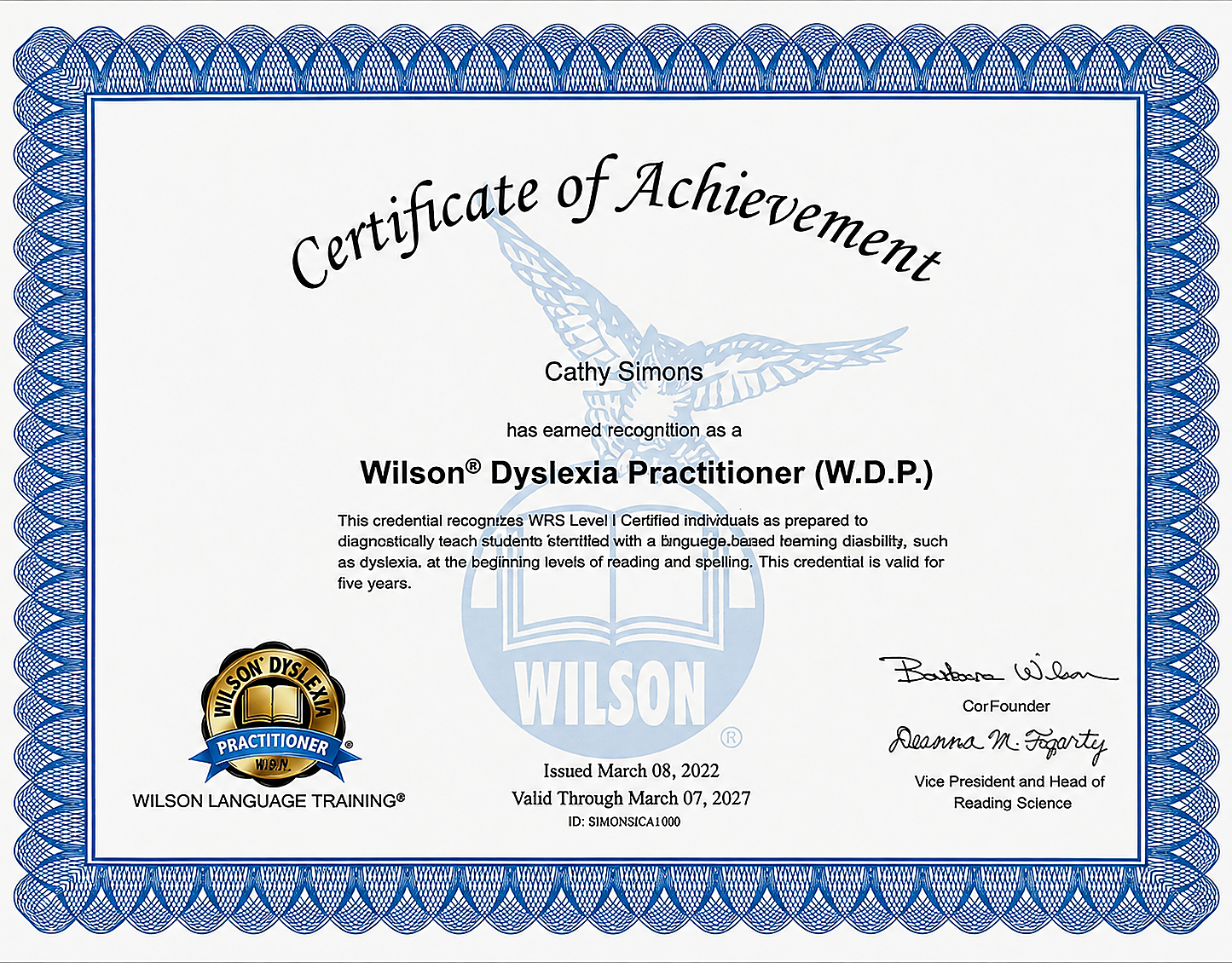 Cathy Simons Certificate