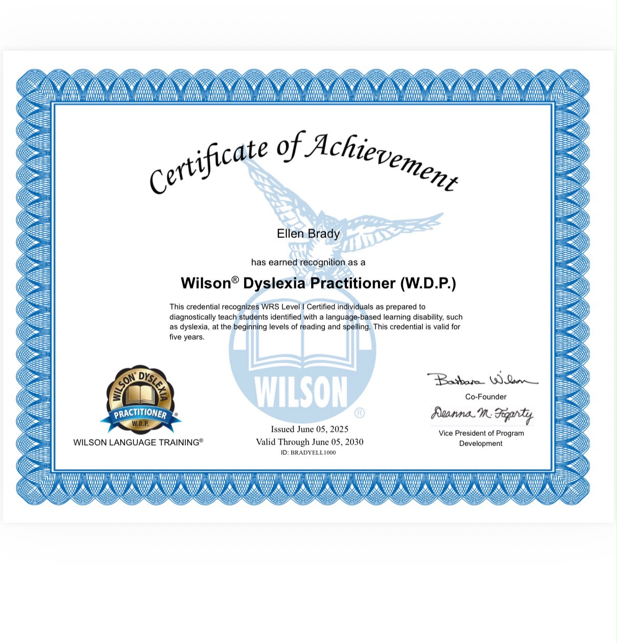 Ellen Brady Certificate