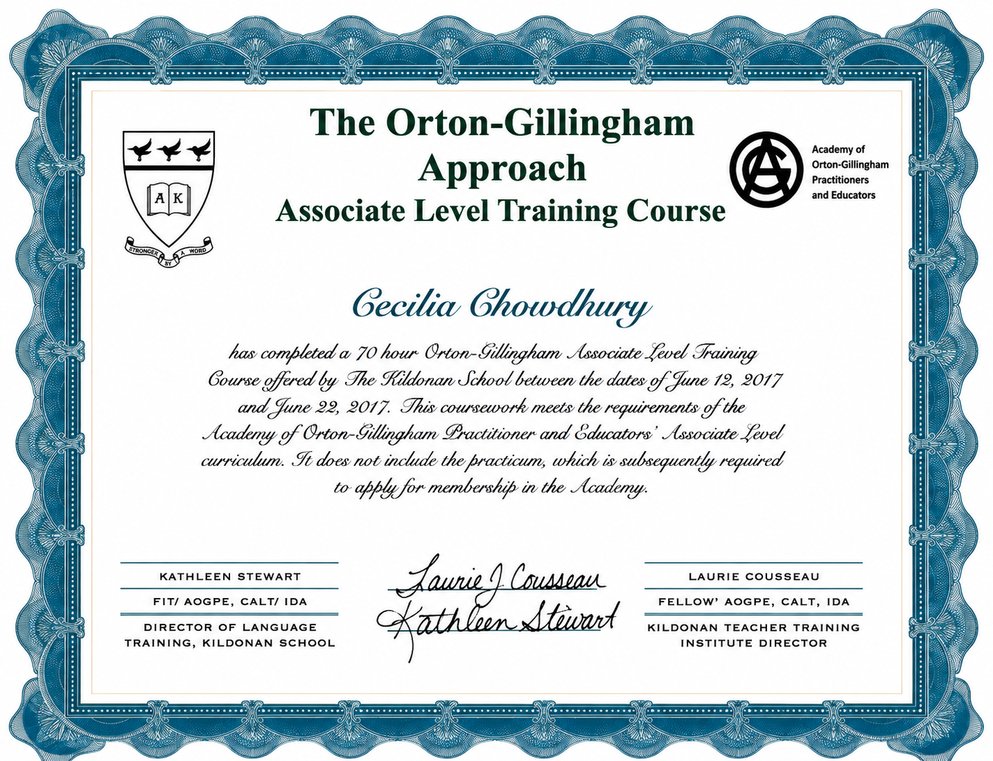 Cecilia Chowdhury Certificate