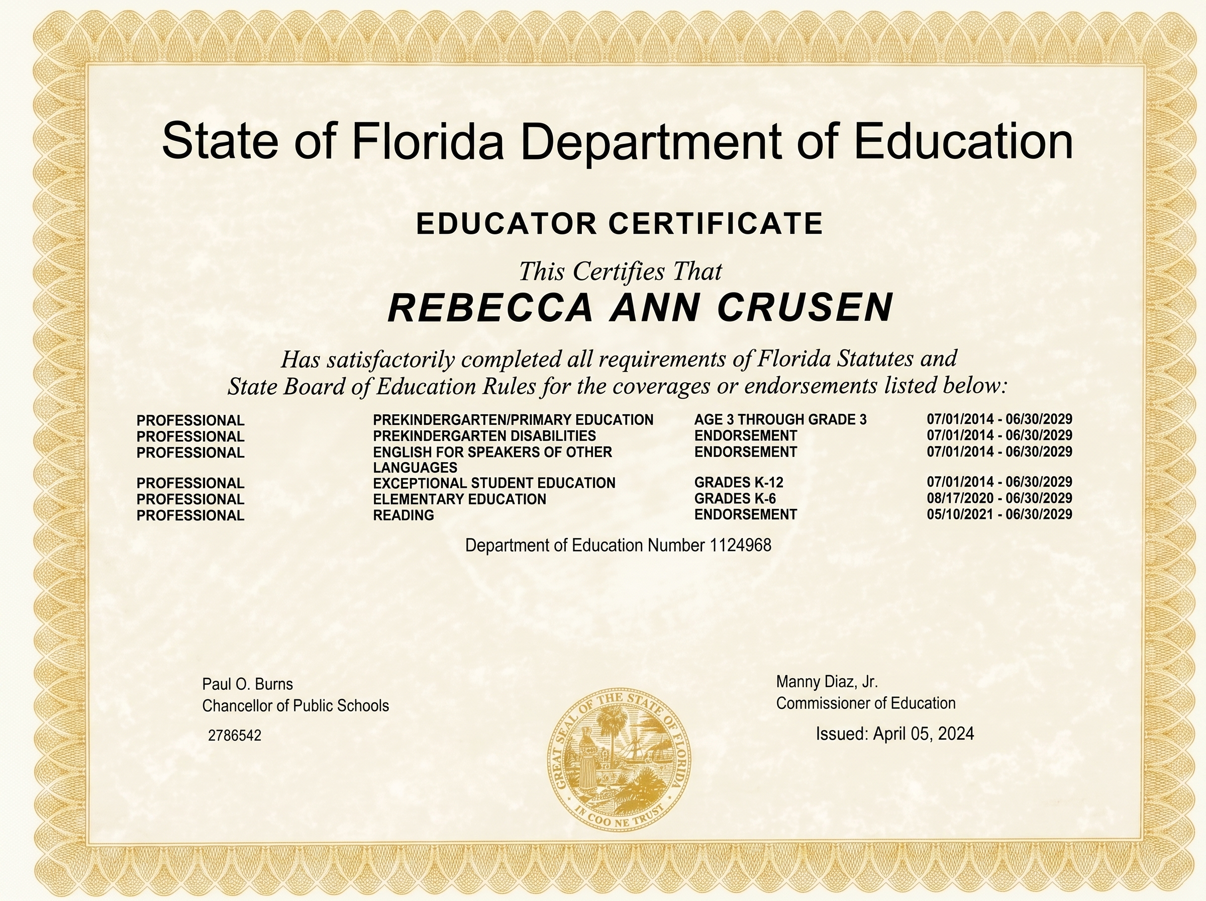 Rebecca Ann Crusen Certificate