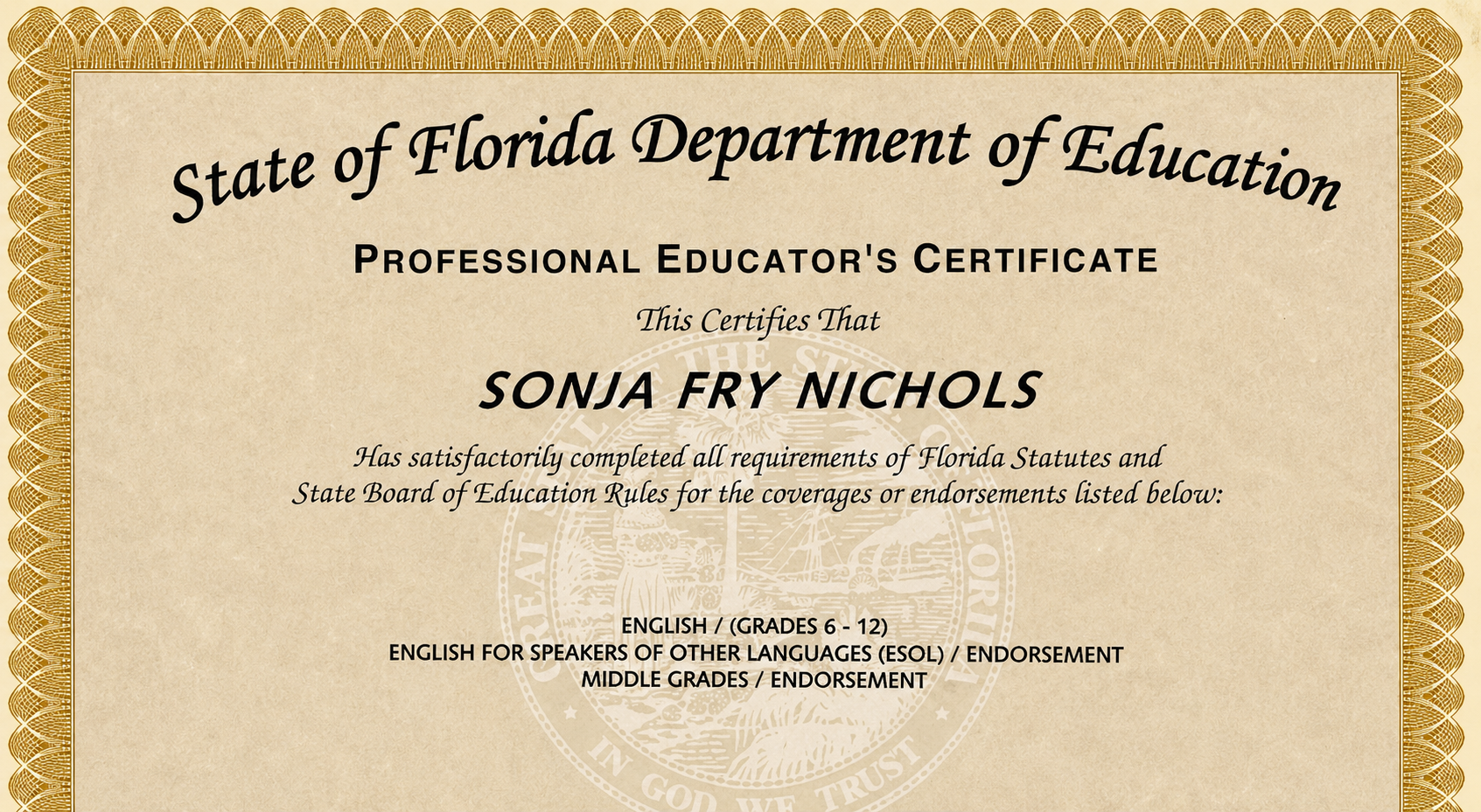 Sonja Nichols Certificate