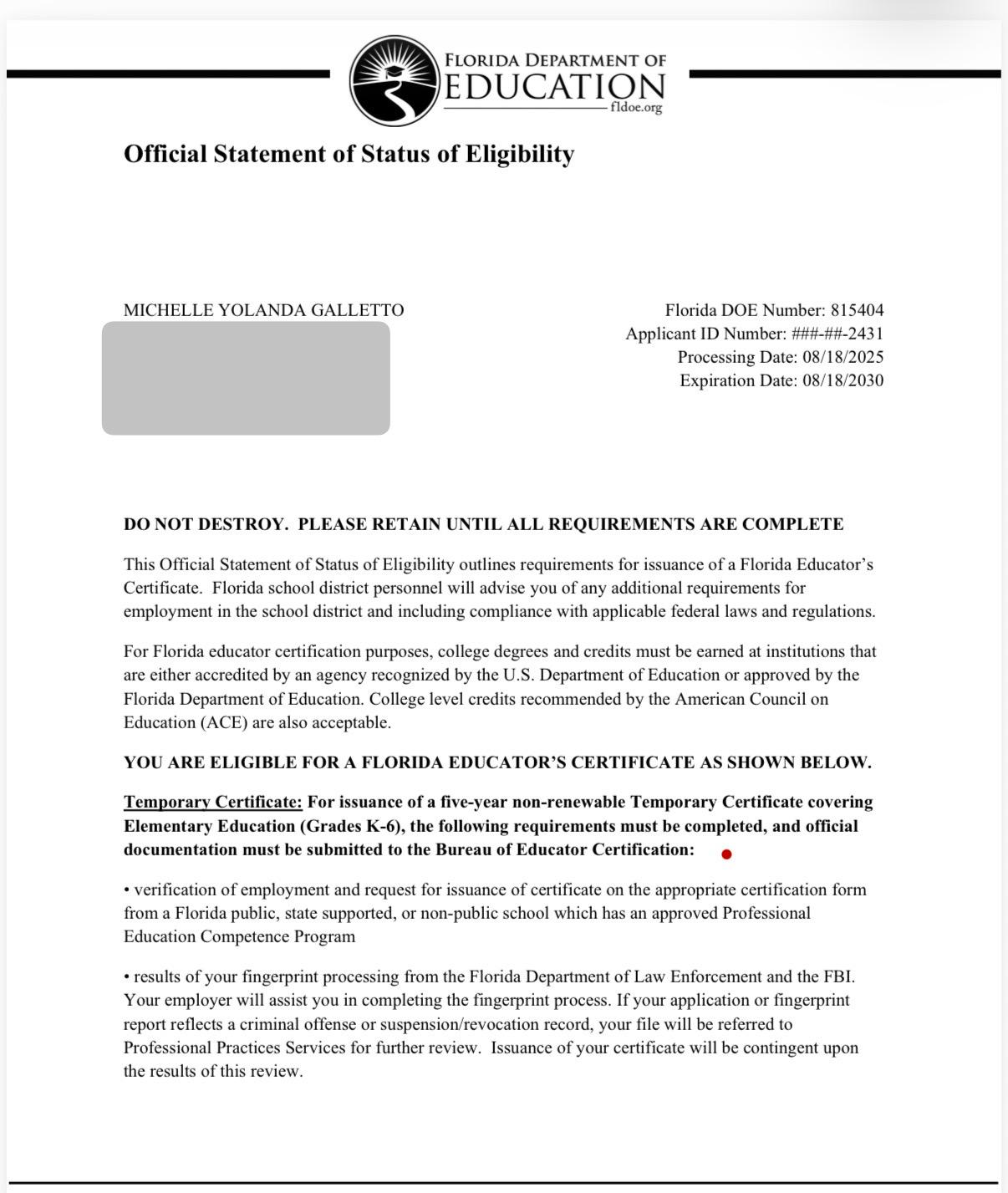 Michelle Galletto Certificate