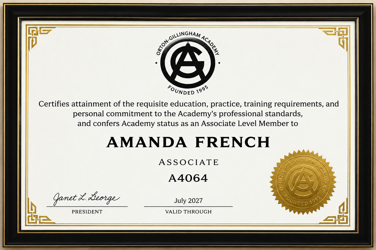 Amanda French Certificate