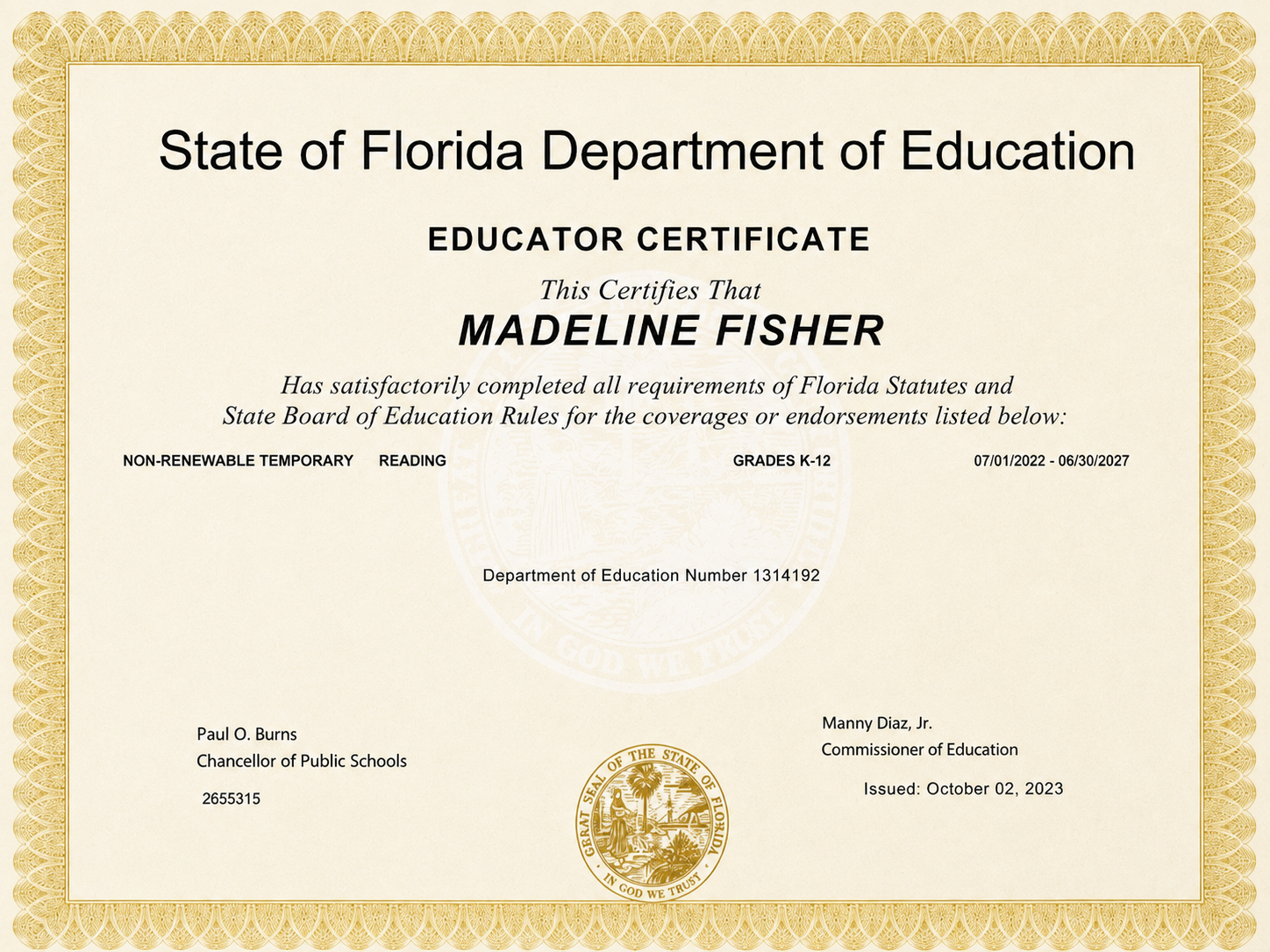 Madeline Fisher Certificate