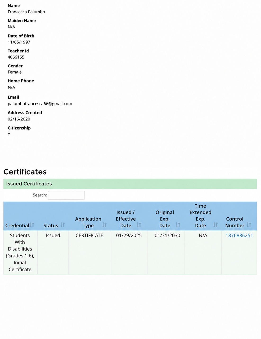 Francesca Palumbo Certificate