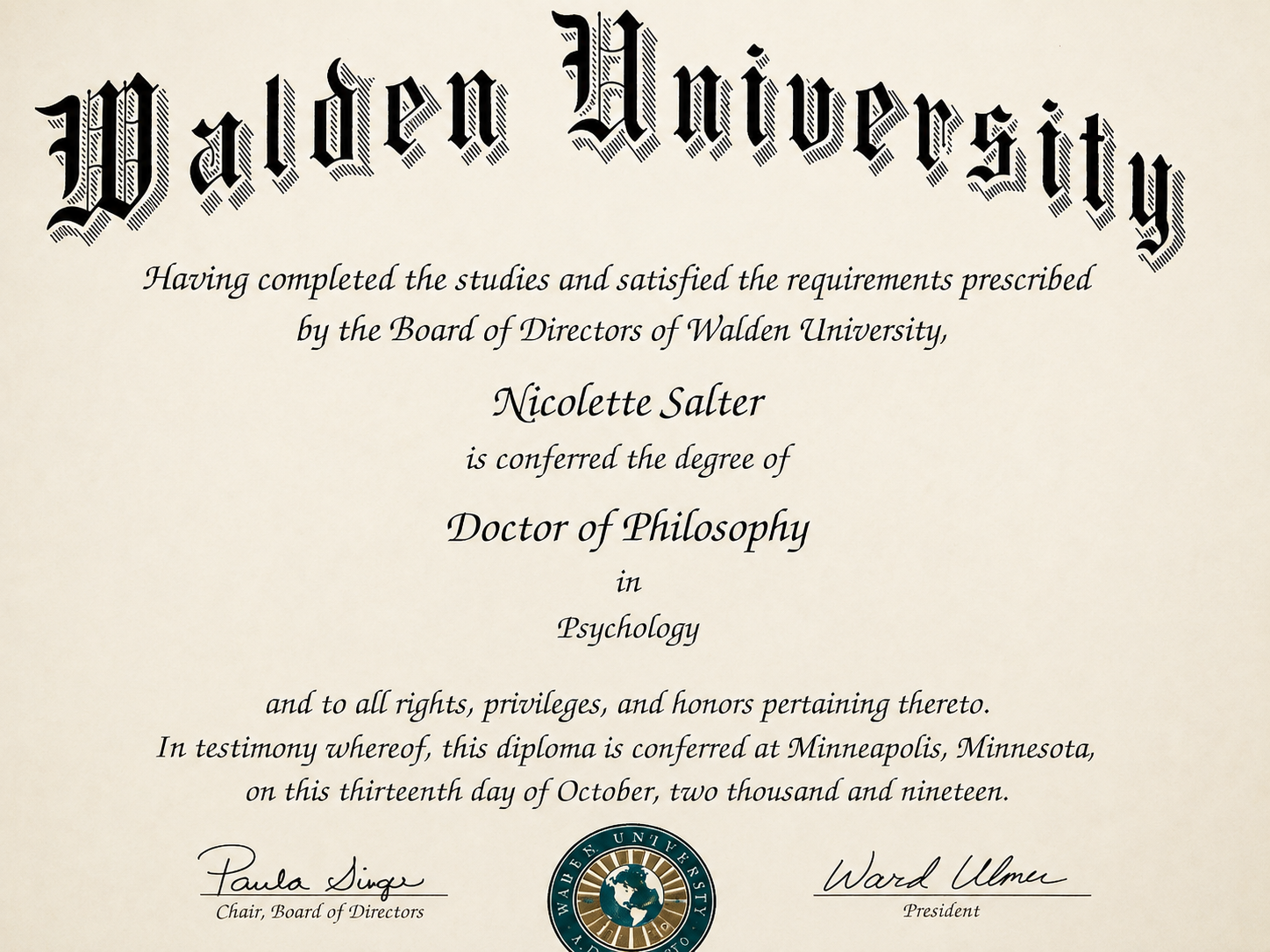 Dr. Nicolette Salter Certificate