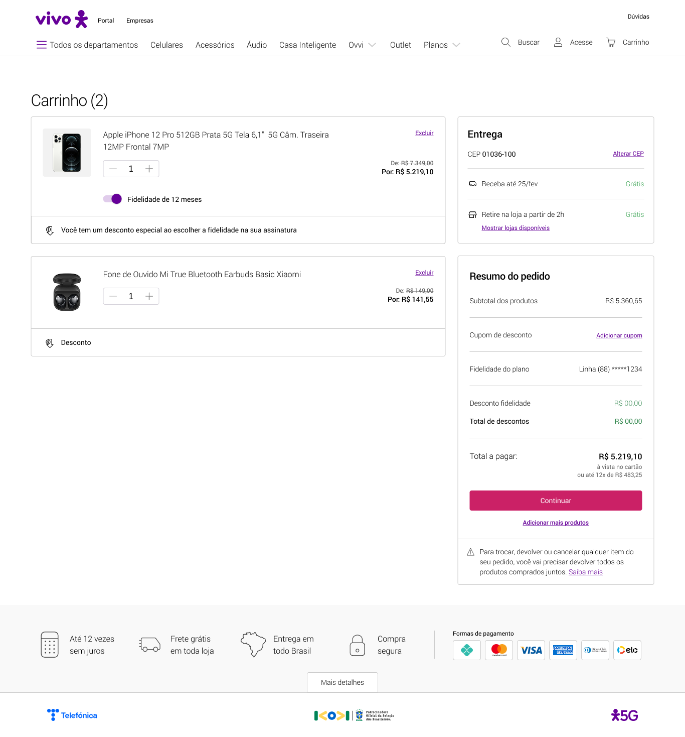 Interface de carrinho do Vivo Pickup Store