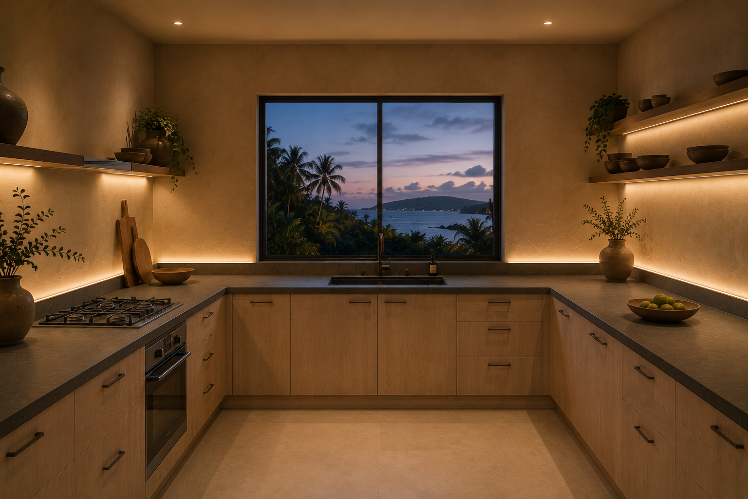 Windows, Lighting and Wall Cabinets in a U-Shaped Kitchen