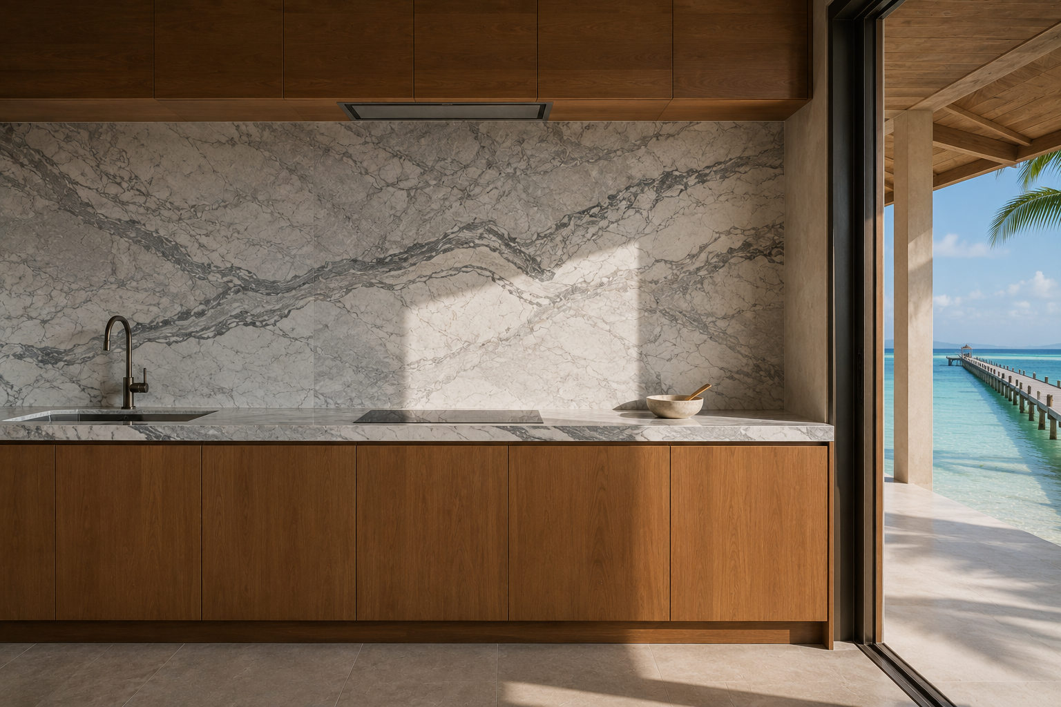 Stone Worktops and Splashbacks With Timber Cabinetry