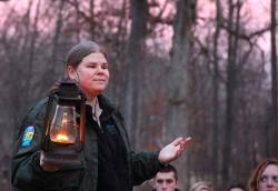 Kelley Morgan, head naturalist at Mounds State Park, leading a hike and talking about indigenous people of the area. Photo courtesy of Krysta Bozman.