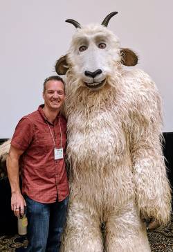 Skot Latona, supervisor of South Platte Park, South Suburban Park and Recreation, with Colorado's GOGO Inspire mascot. Photo courtesy of Phil Waltz.