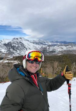 Stuart Brown, parks and recreation director for Town of Mammoth Lakes, skiing at June Mountain. Photo courtesy of Betsy Truax.