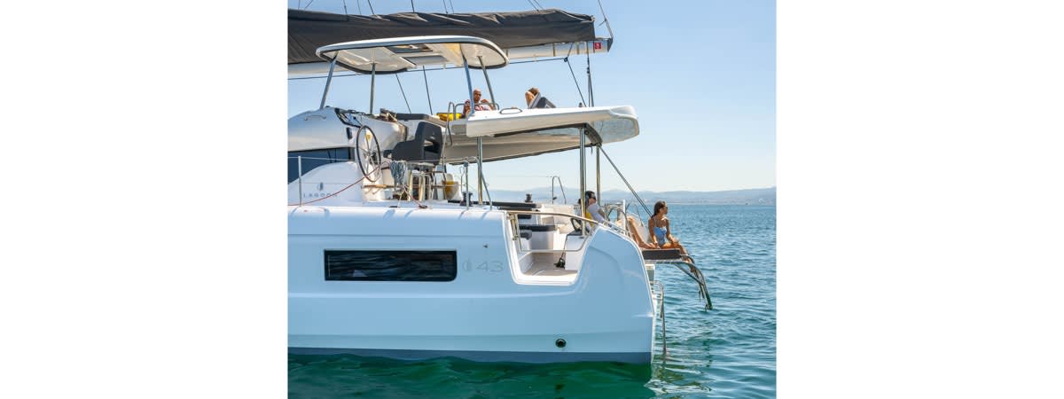 Blue Dream Lagoon 43 moored at Portisco / Cala dei Sardi