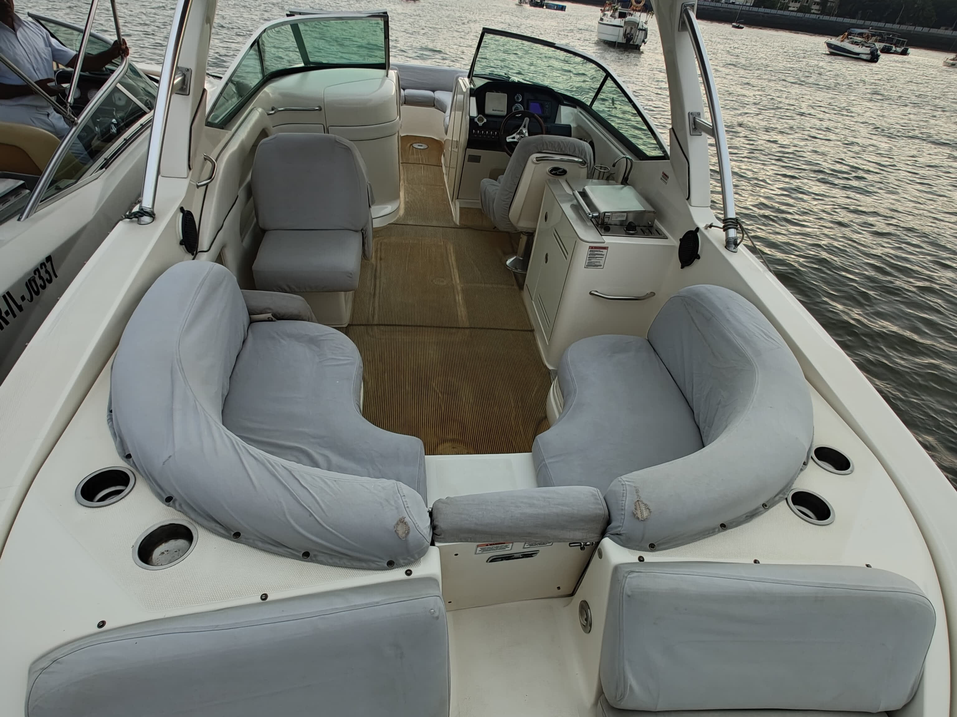 Godiva Sea Ray SLX 300 moored at Mumbai Harbour