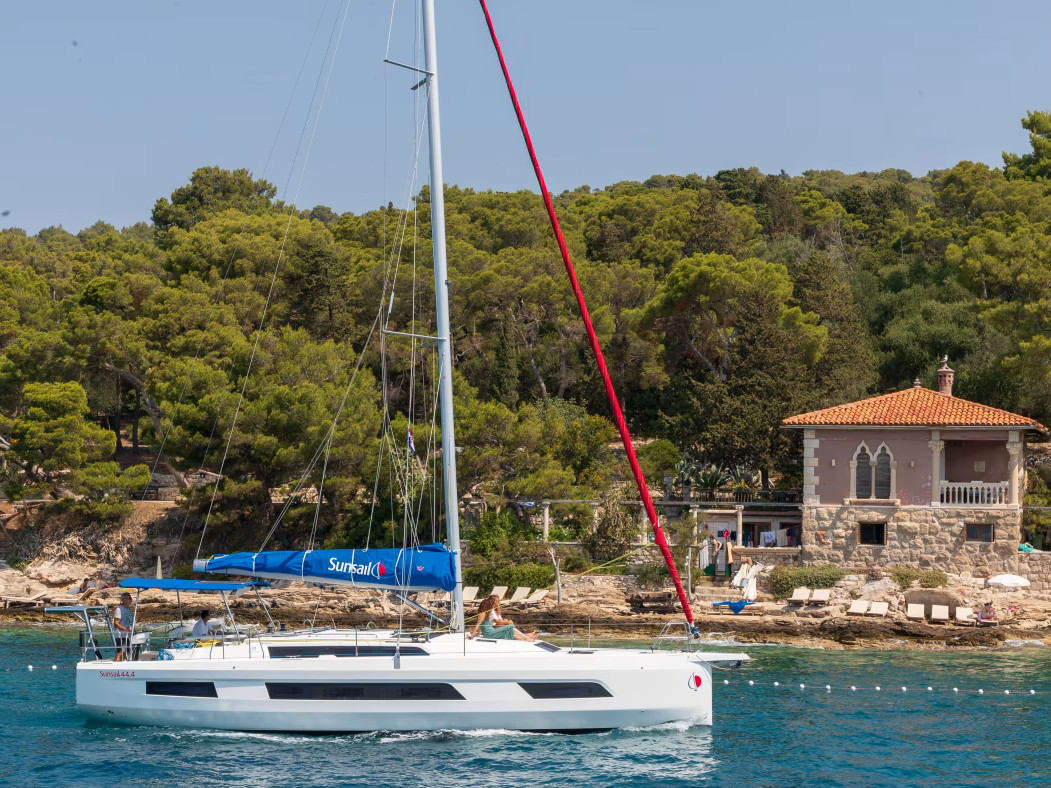 Sunsail 44.4 Premium Dufour 44 moored at Marina Agana
