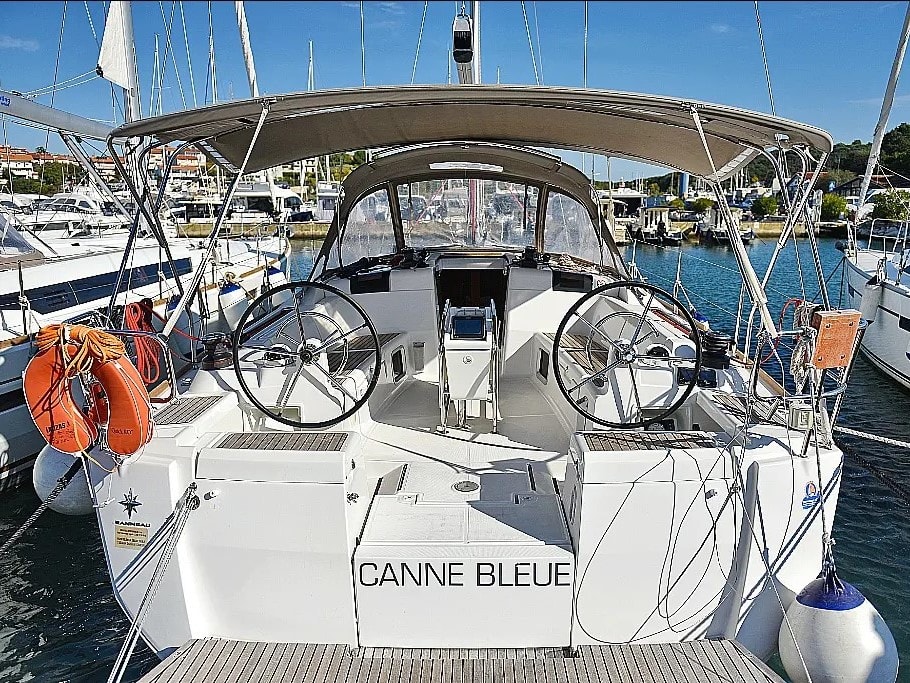 Canne Bleue Sun Odyssey 449 moored at Rhodes New Marina
