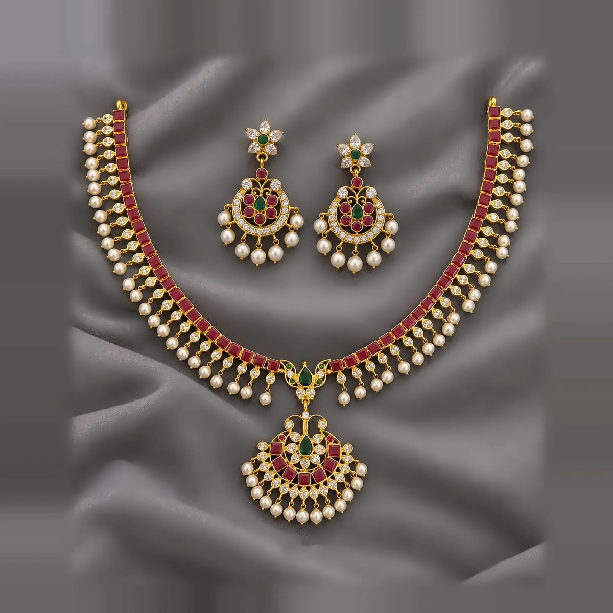 necklace-ruby-pearl-earrings-set