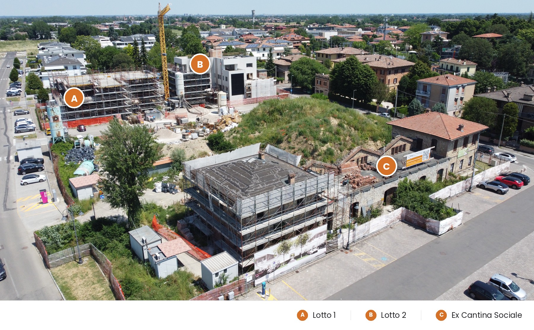 Vista aerea del cantiere de La Nuova Citt&agrave; Giardino a Formigine, con l&rsquo;indicazione del Lotto 1, del Lotto 2 e dell&rsquo;Ex Cantina Sociale