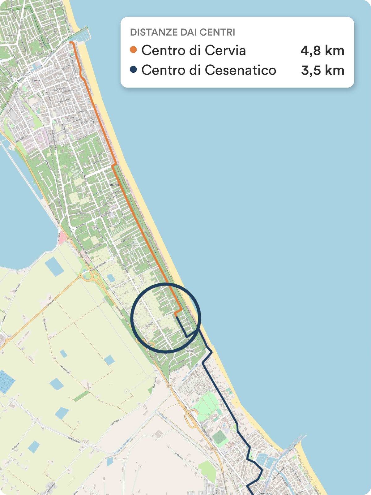 Mappa del litorale tra Cervia e Cesenatico con i percorsi verso i due centri: 4,8 km da Cervia e 3,5 km da Cesenatico
