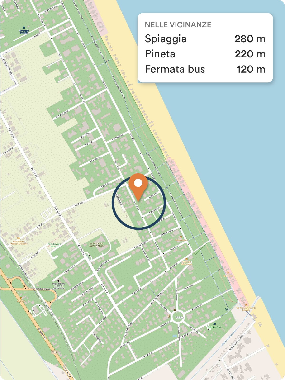 Mappa di Tagliata di Cervia con la posizione di Residence Varadero: 280 m dalla spiaggia, 220 m dalla pineta, 120 m dalla fermata dell'autobus
