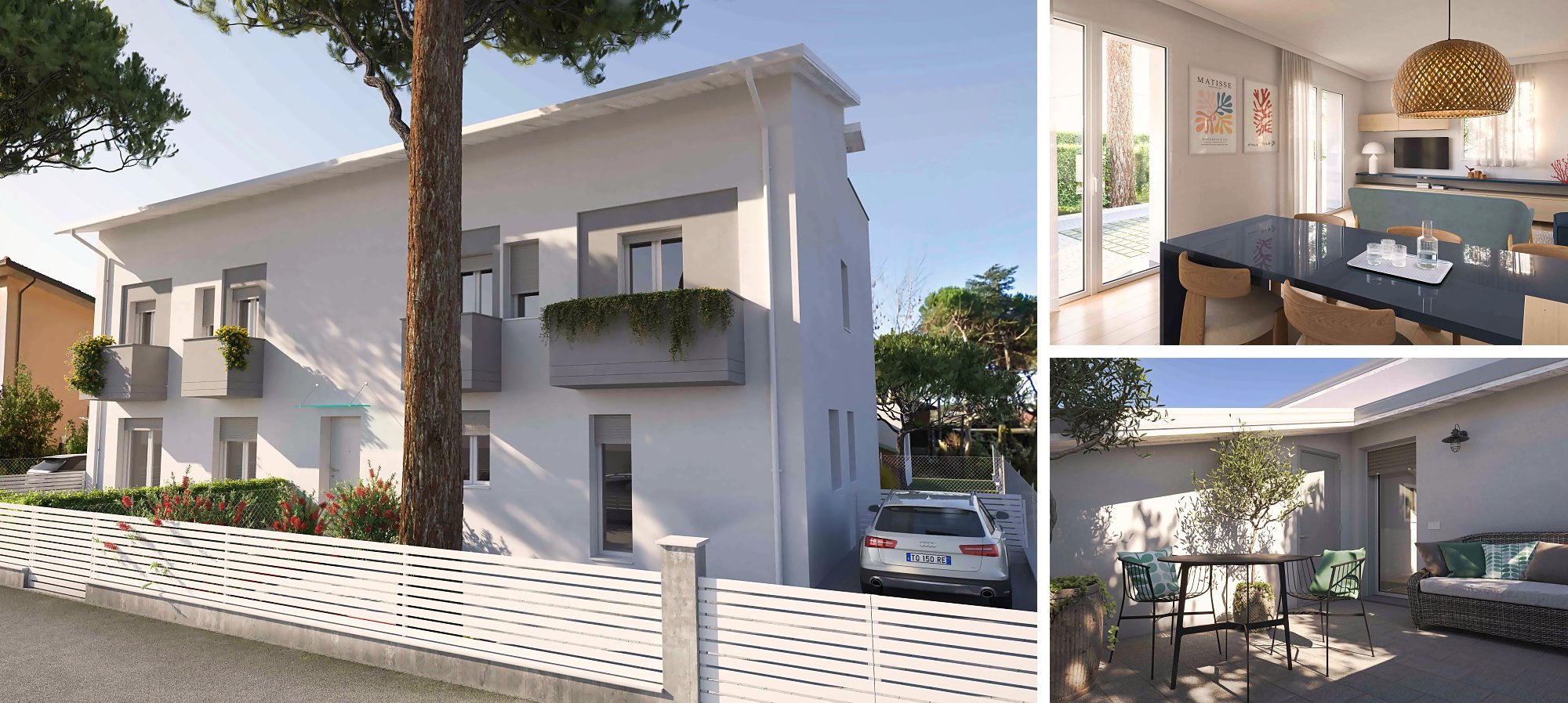 Render di progetto dall'alto di Residence Varadero: edificio principale, unit&agrave; indipendente, giardini privati e posti auto