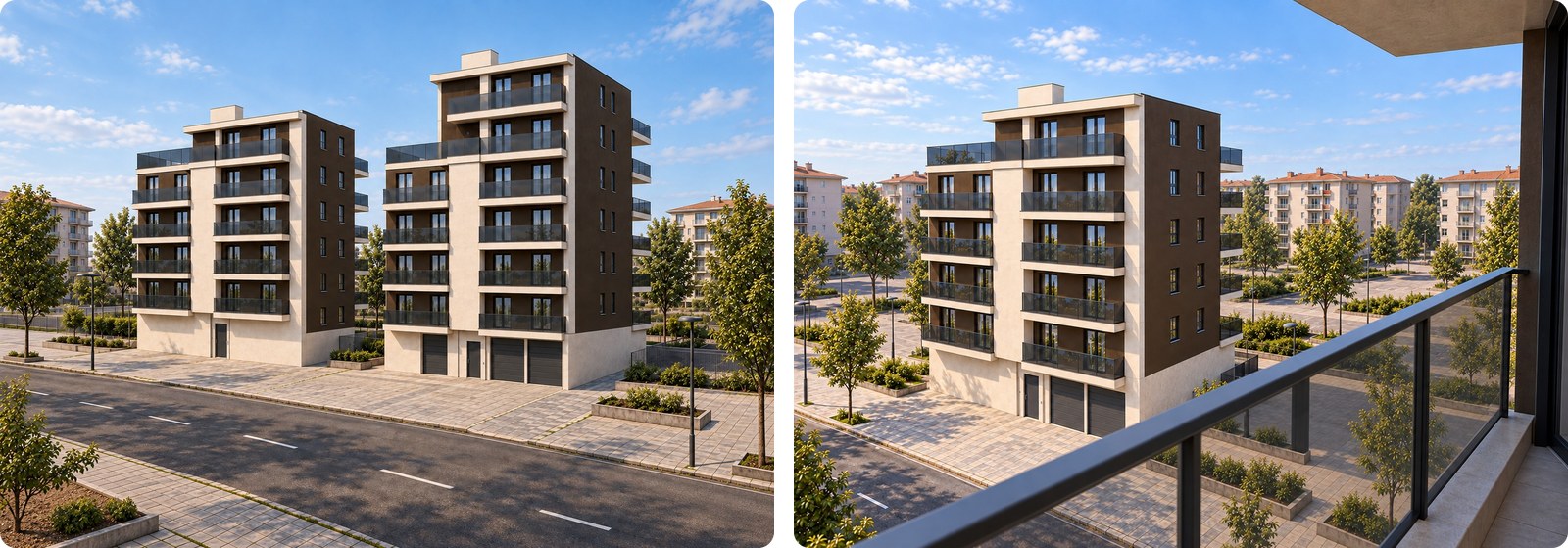 Residenze Le Torri a Calderara di Reno: i due edifici visti dalla strada e uno dei due edifici visto dal balcone di quello adiacente
