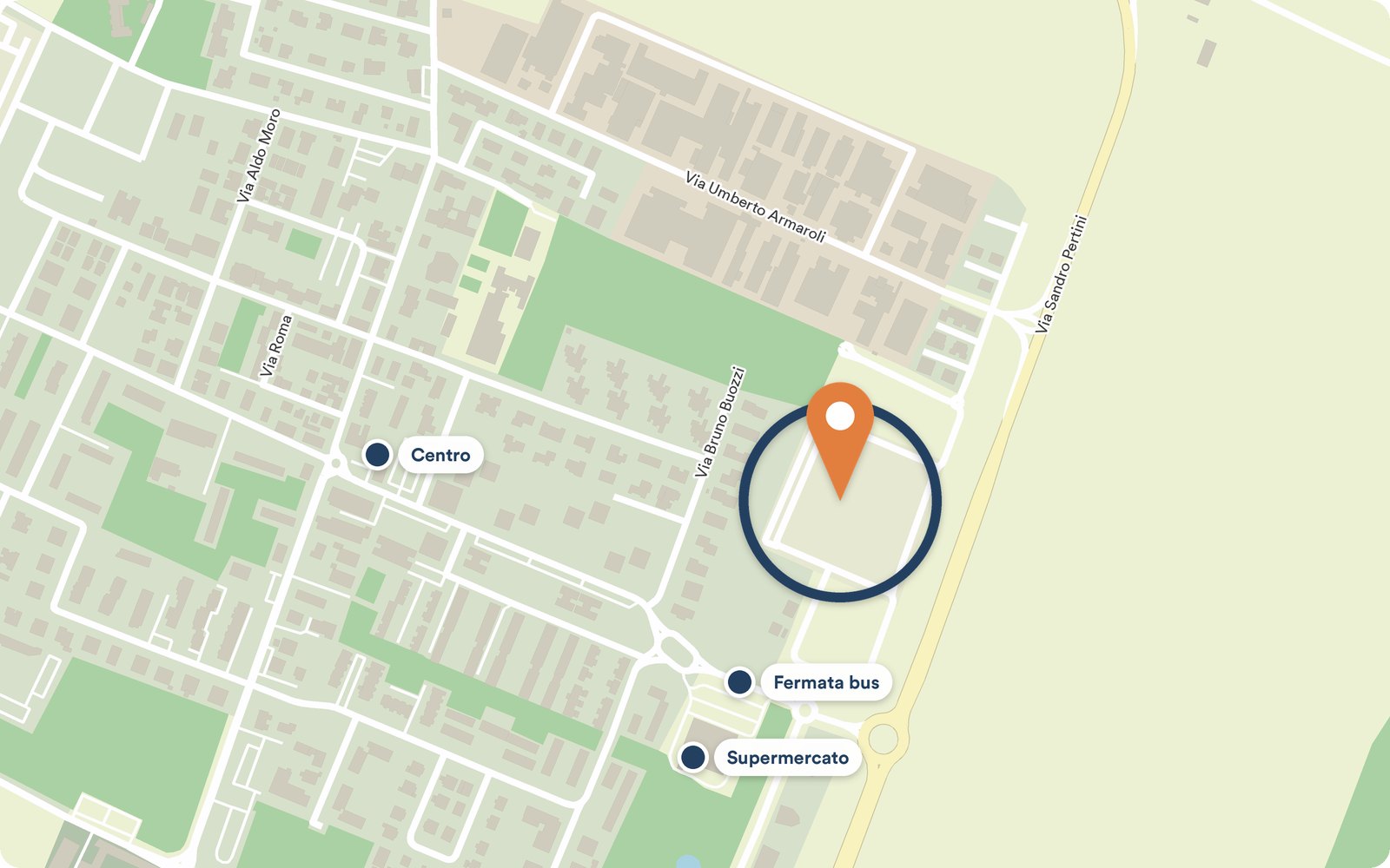 Mappa di Calderara di Reno con la posizione di Residenze Le Torri, il centro del paese, il supermercato e la fermata dell'autobus.