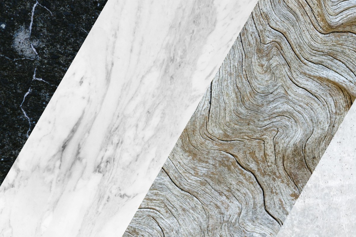 Slices of black marble, white marble, solid oak and polished concrete.