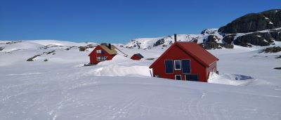 To røde hytter i snødekt vinterlandskap.