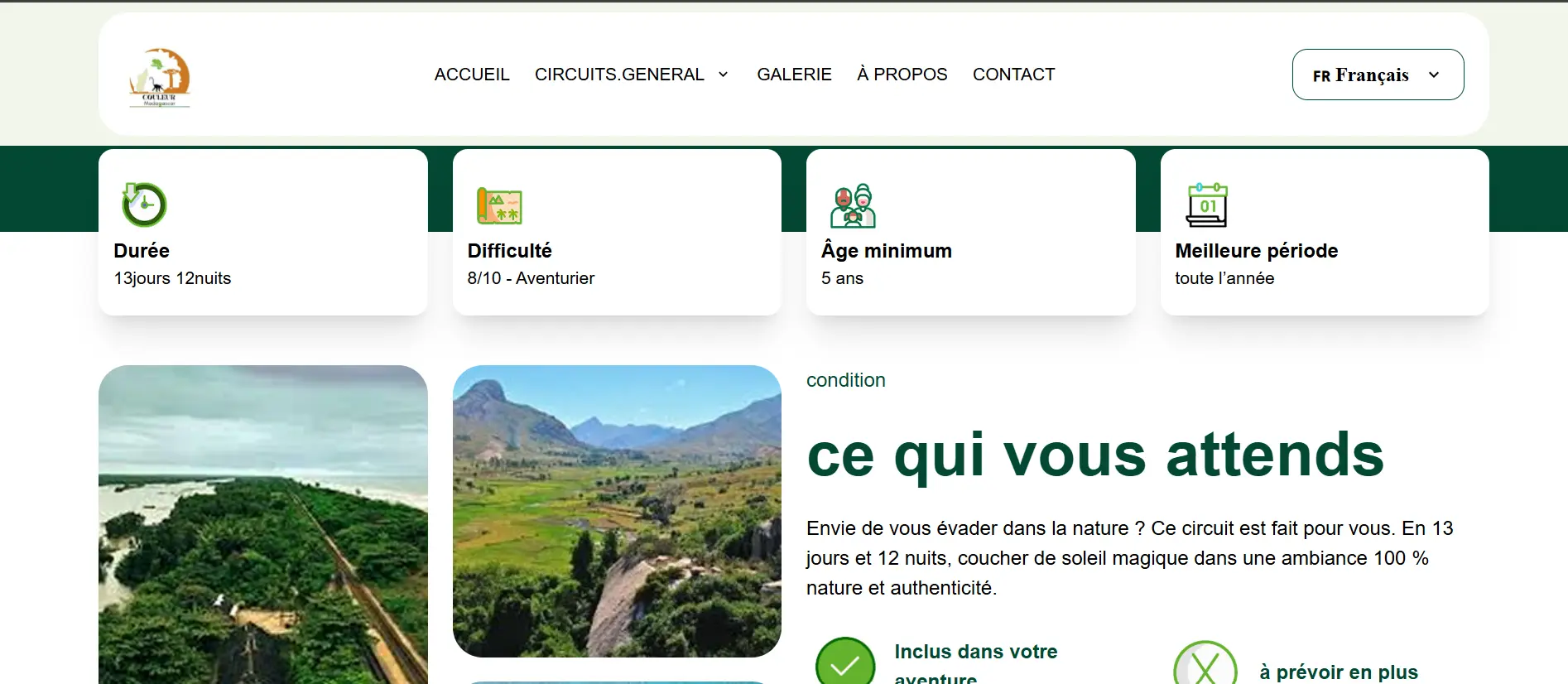 Fiche récapitulative et inclusions du circuit touristique
