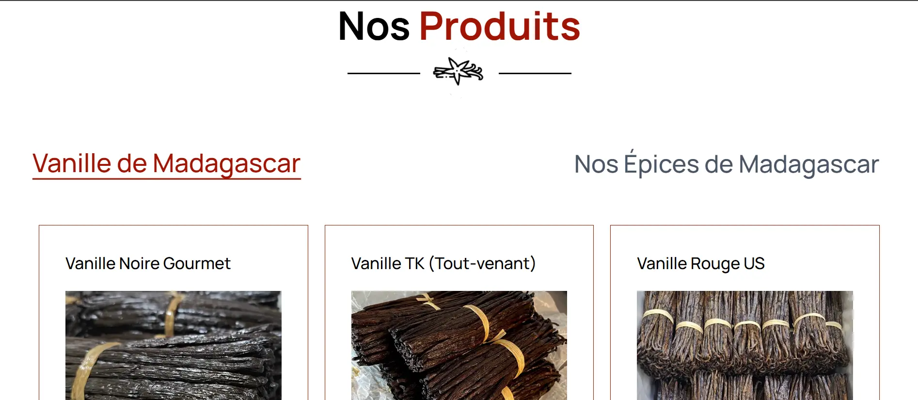 Grille des produits : Vanille Noire Gourmet, TK, Rouge et Cuts.