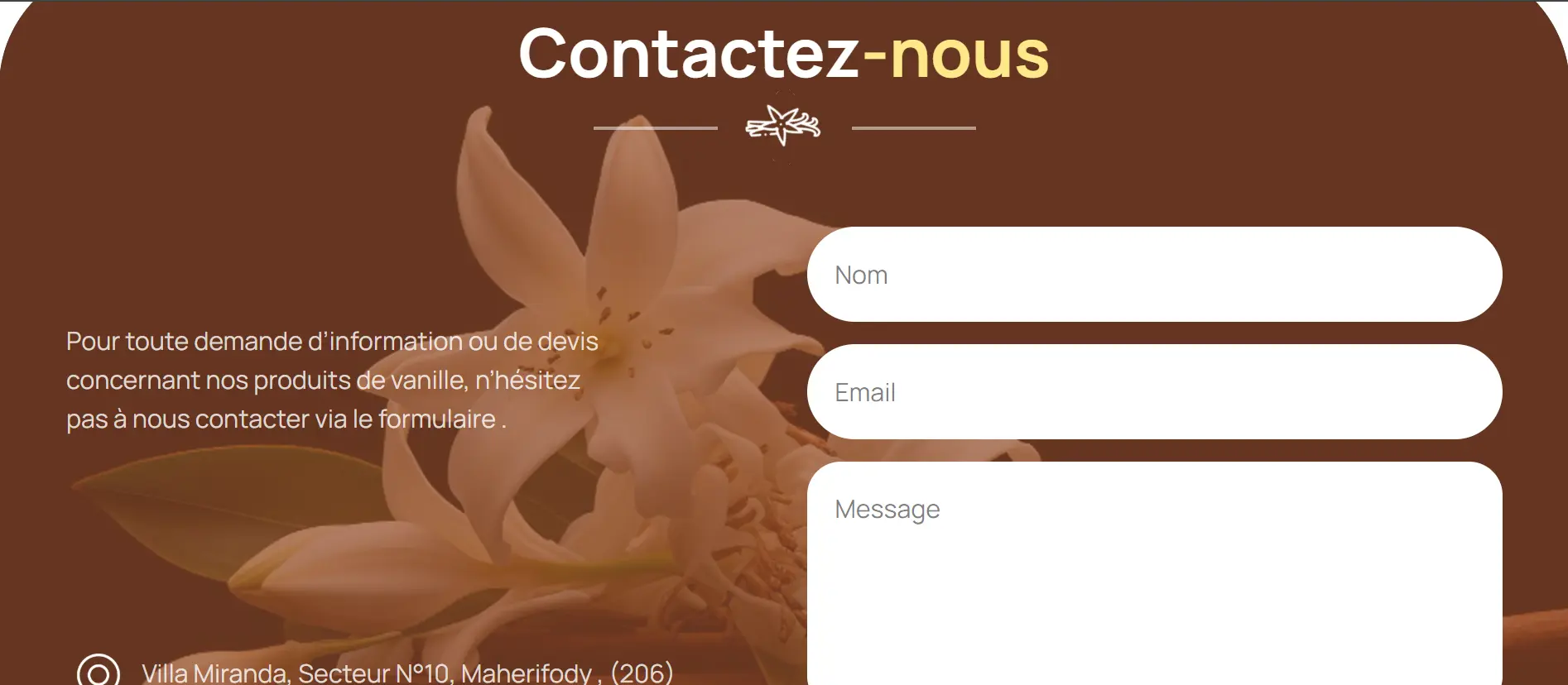Formulaire de contact pour demande de devis et coordonnées à Antalaha.