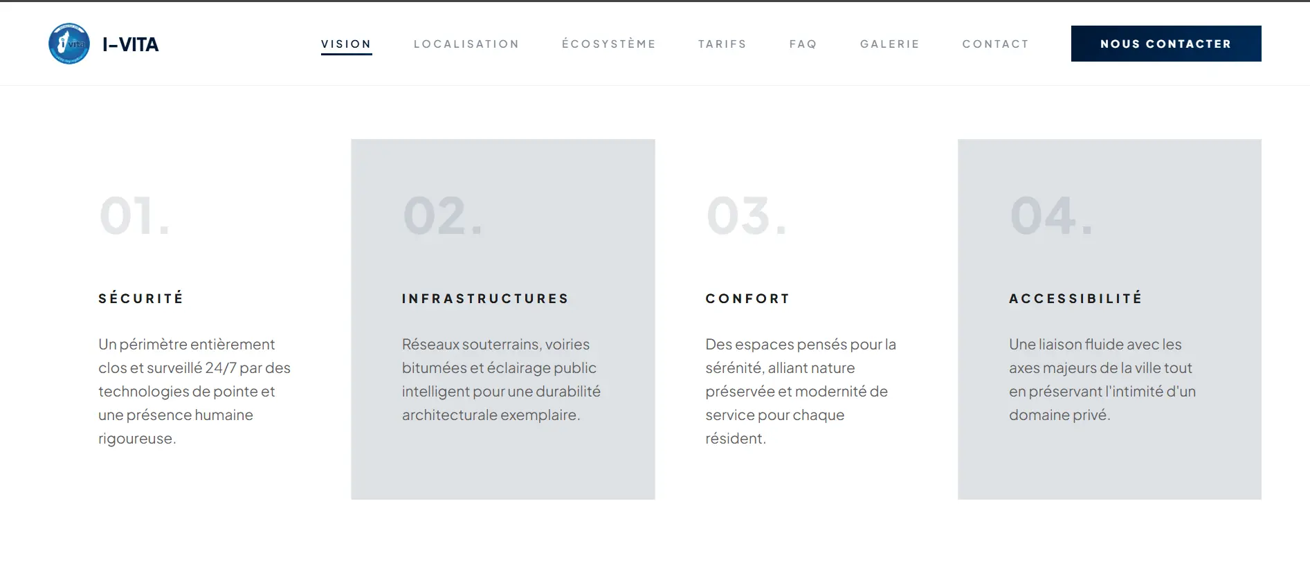Capture d'écran de la section Infrastructures et Confort du site web I-VITA, montrant les textes de présentation des commodités.