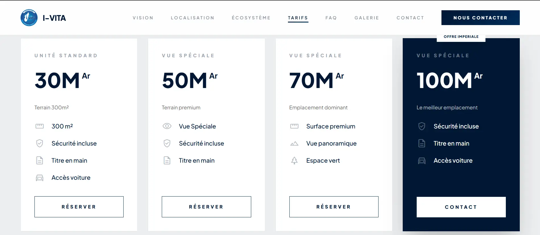Capture d'écran de la section Tarifs du site web I-VITA, présentant les informations sur les prix et les modalités de paiement échelonné.