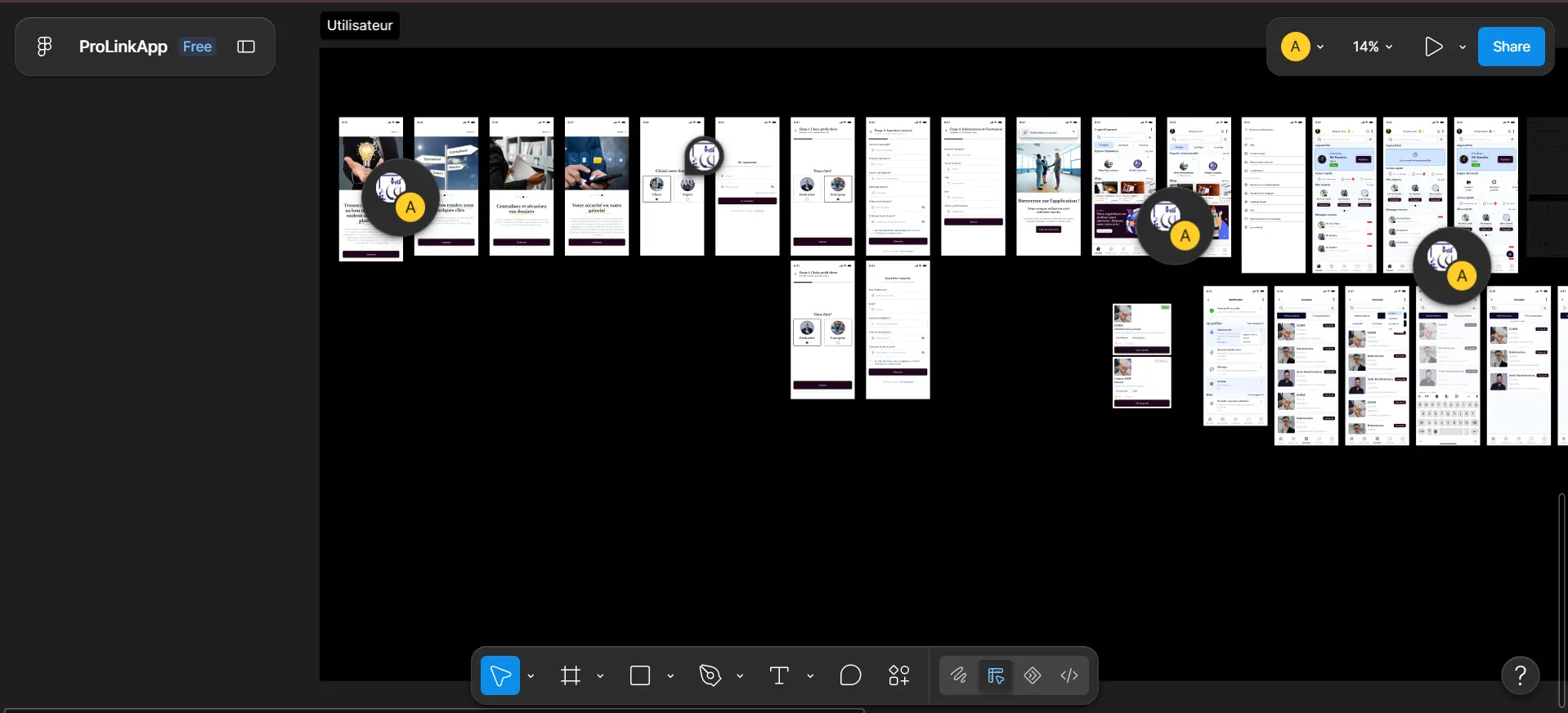Vue utilisateur ProLinkApp : navigation et parcours client — design UI/UX Cherry Tech & Design.