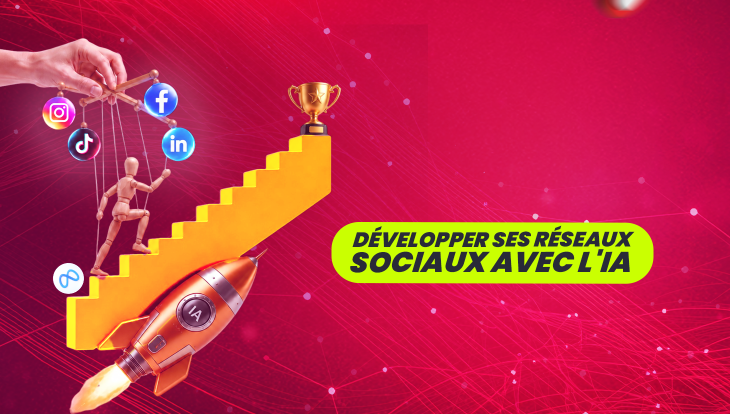 Illustration d'une fusée décollant vers un trophée, symbolisant le développement des réseaux sociaux grâce à l'intelligence artificielle