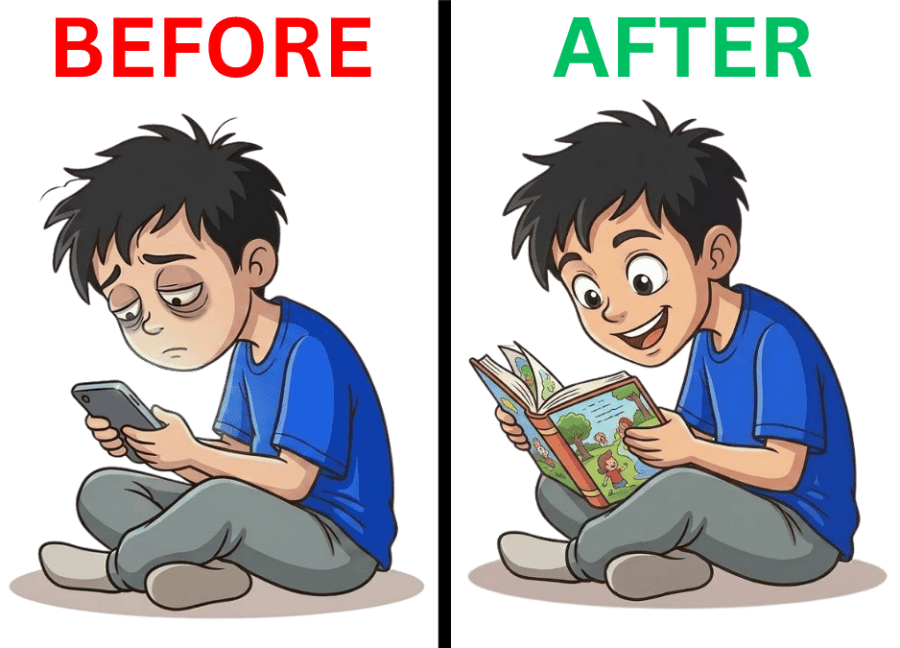 Before: screen addiction vs After: happy engaged learning