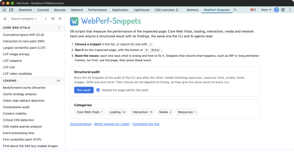 The WebPerf Snippets panel in Chrome DevTools: the list of snippets by category on the left, and on the right the home page with the steps, the structural audit with its Run audit button, and the categories