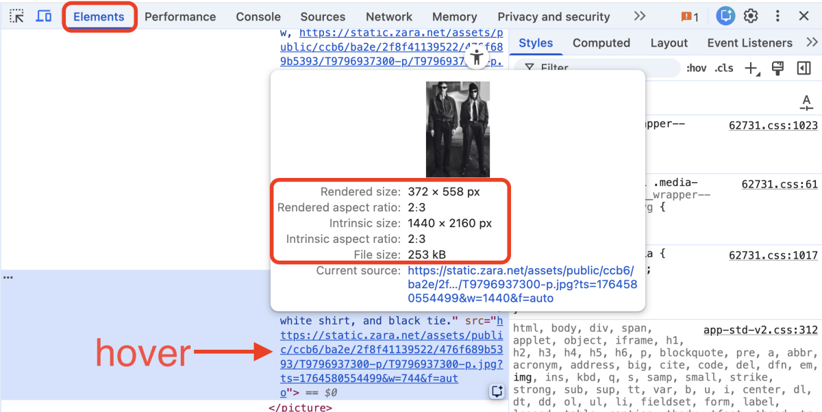 Zara.com: DevTools Elements Tab, Image Preview