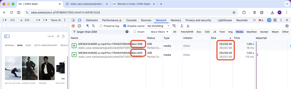 Zara.com: DevTools Network Tab, Filter Media Resources Twice