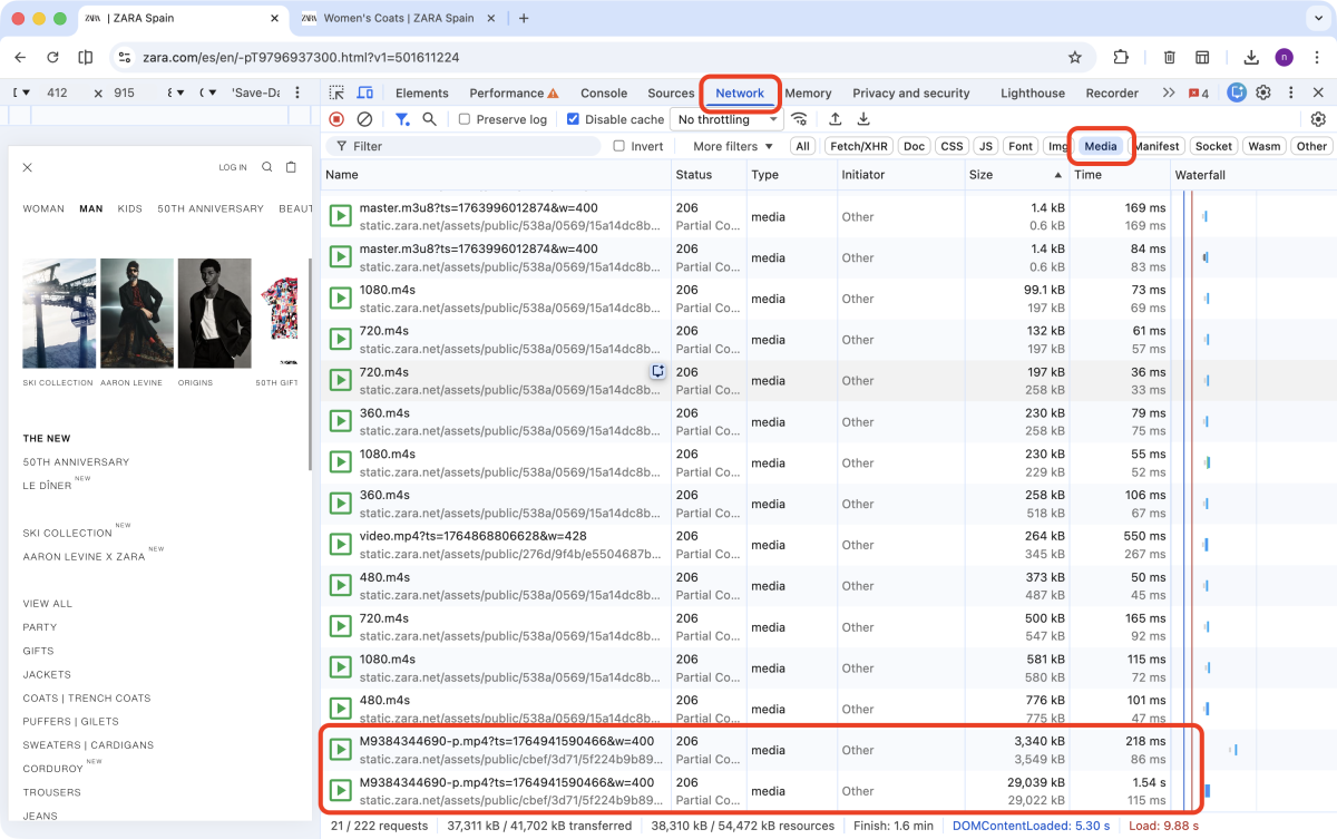 Zara.com: DevTools Network Tab, Filter Media Resources